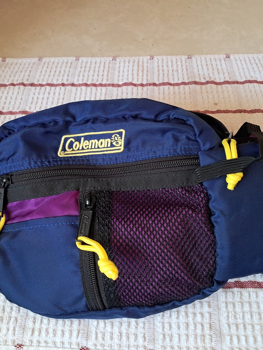 Vtg 90s Coleman Fanny Pack Blue Purple Neon Waist Bag Hiking Travel Streetwear
